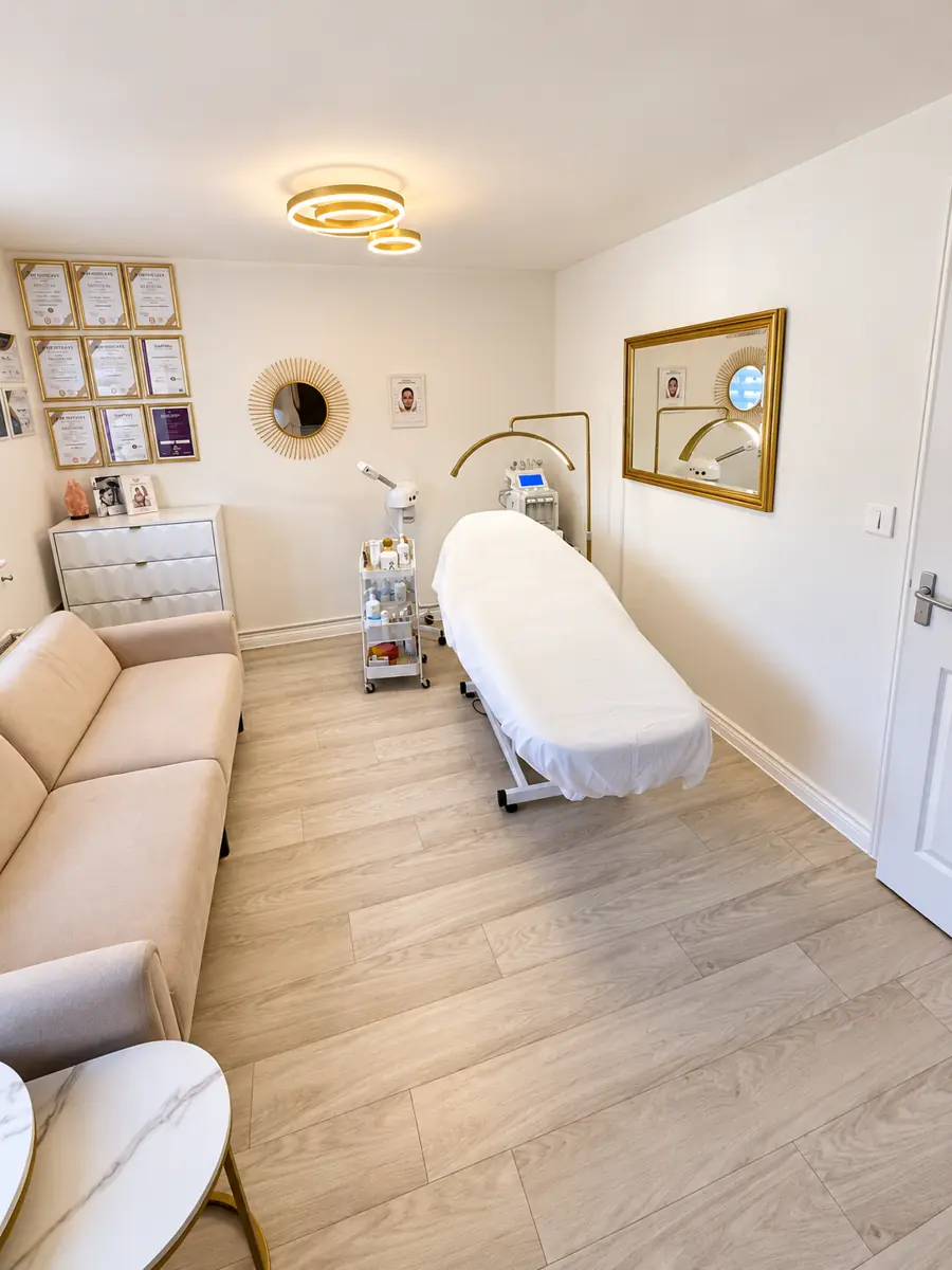 The ivory and gold treatment room at Adri’s private studio