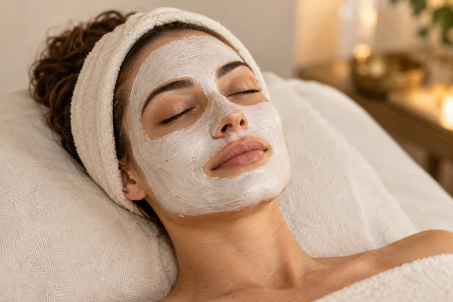 Illustration of an adult woman relaxing with a cream facial mask